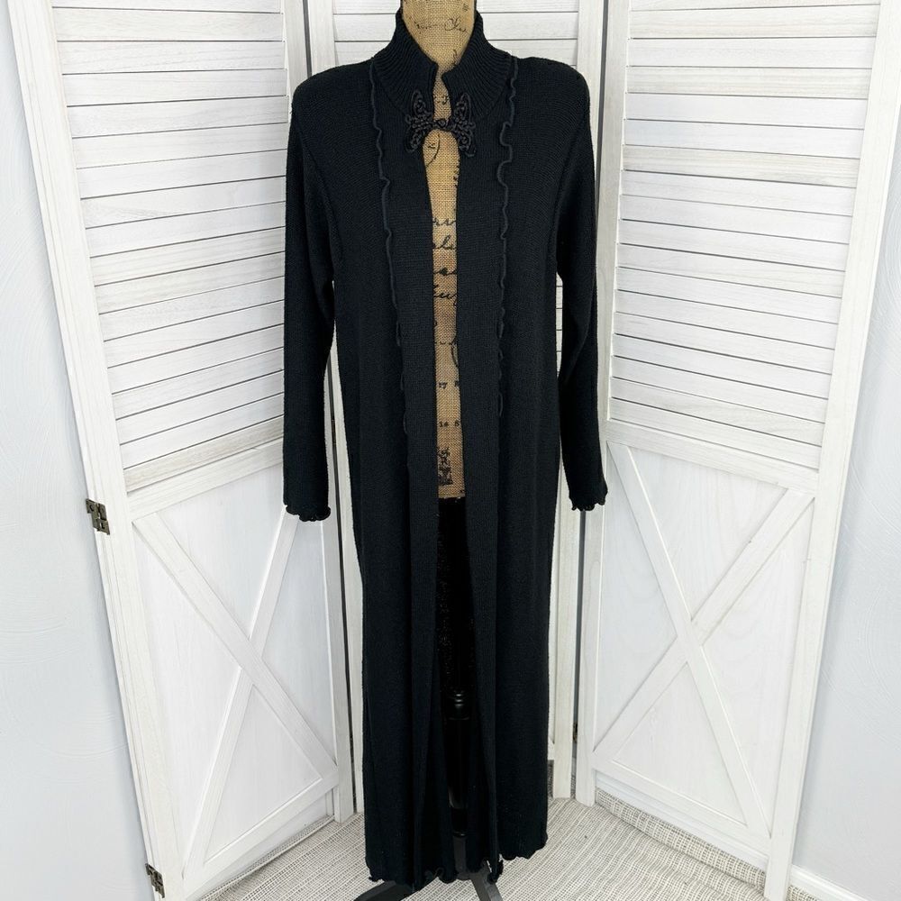 Vivian Chan‎ Shaw Scallop Hem Duster Cardigan Sweater Black Large Open